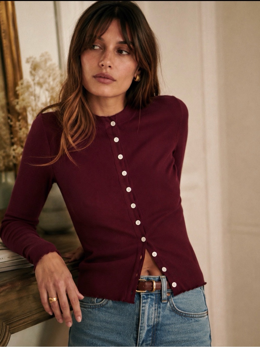 Jcrew Classic Ribbed Button-Front Top in Deep Burgundy size large